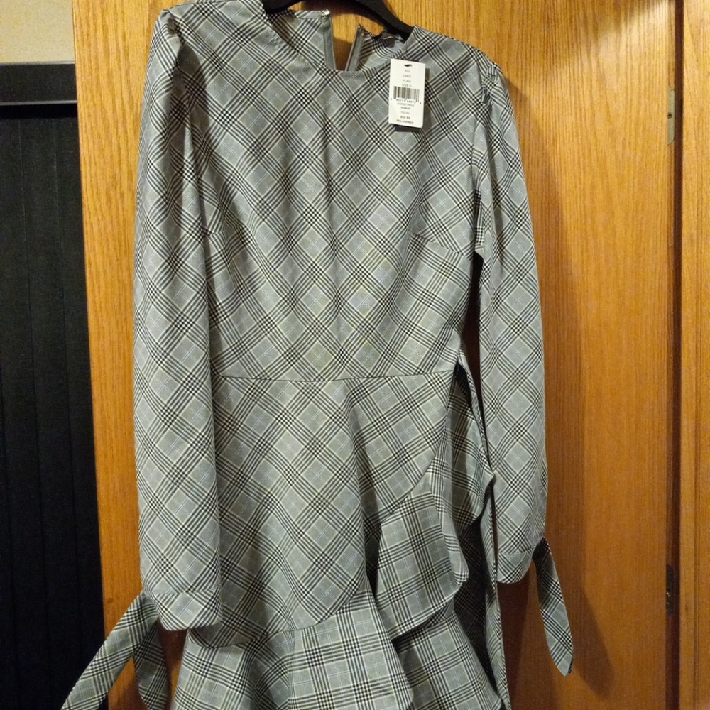 😊Womens Lea & Viola Black Plaid Ruffle Long Sleeve Poly/spandex Dress Sz Small